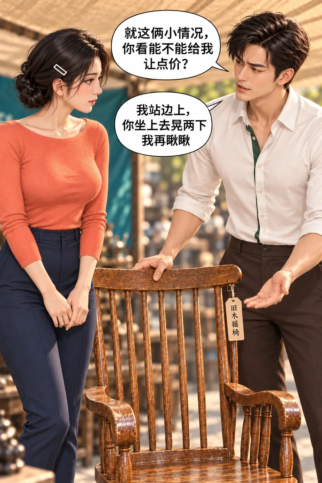 差点把摇椅说没了漫画画面：压价要求具体提出，并因他自己让出座位进入卖家演示的新条件。