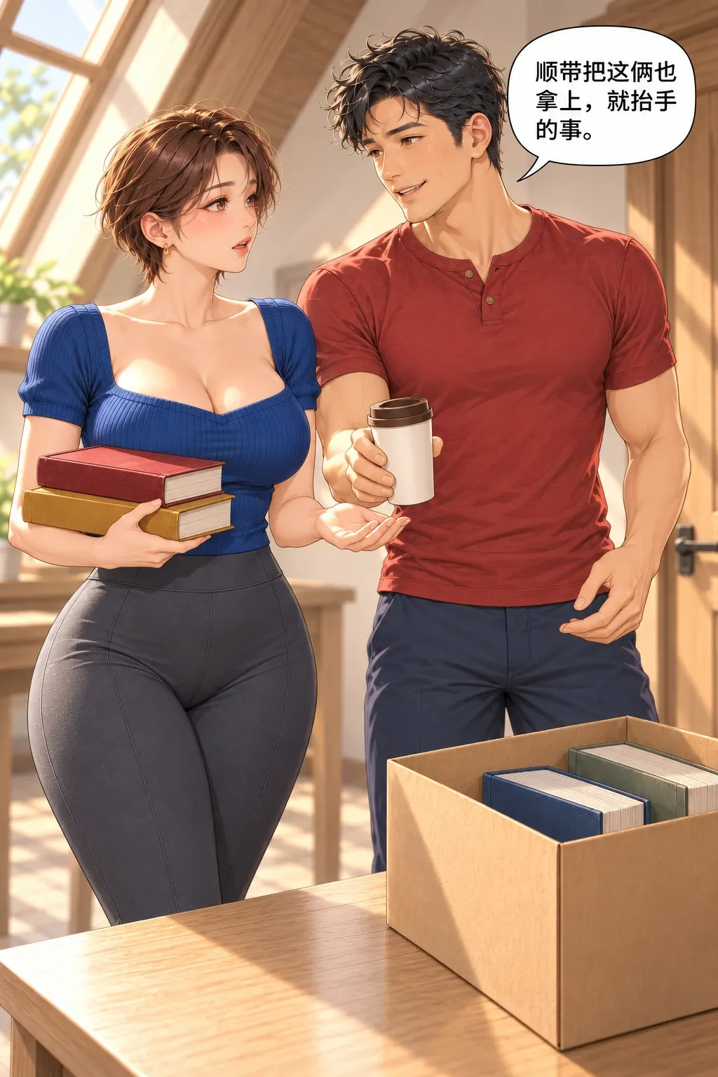 你这“一趟”怎么算的漫画画面：暗红书叠上左臂后又递来随行杯