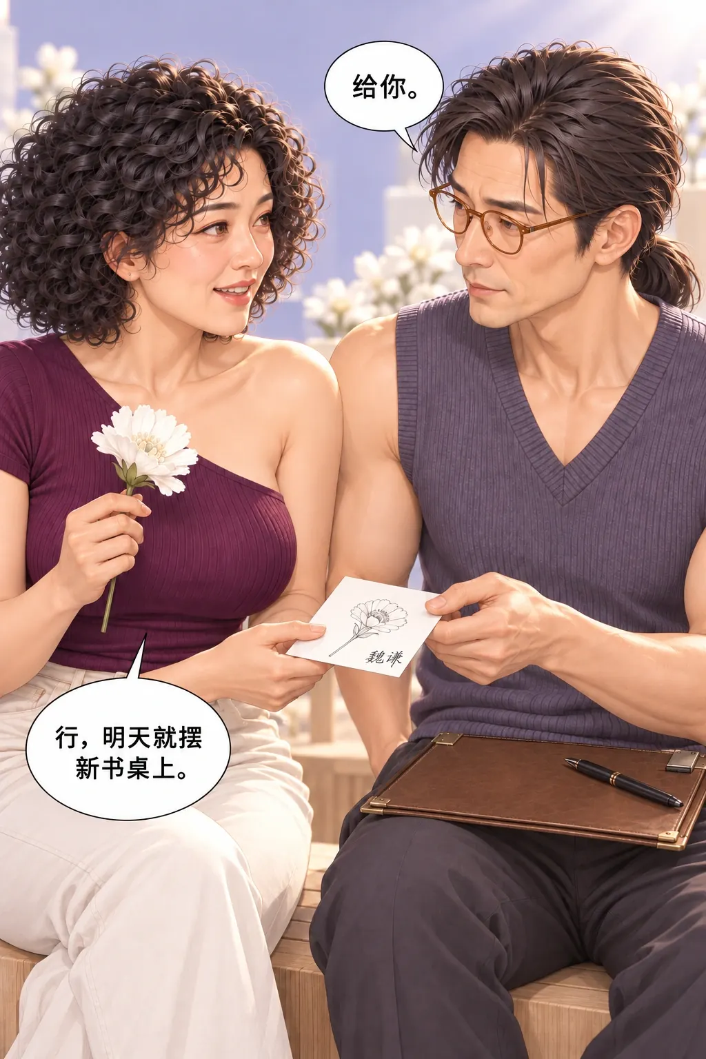 先把名字写上漫画画面：男当面交、女主动接，新画与她的花一起归她