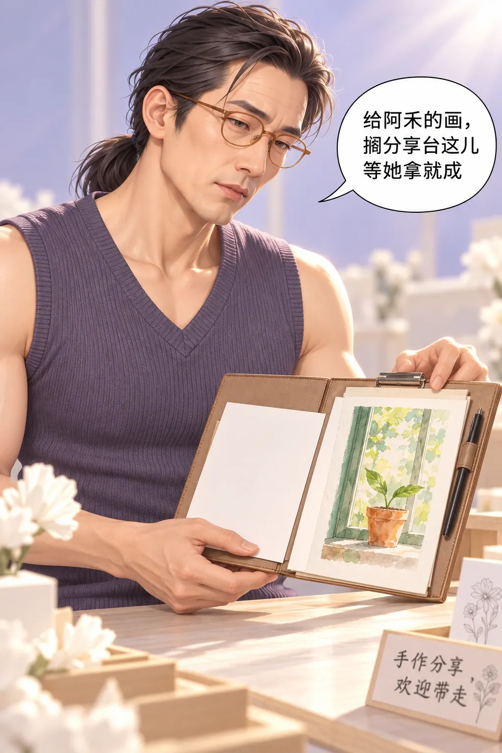 先把名字写上漫画画面：读者知道男想给她画却想借台匿名