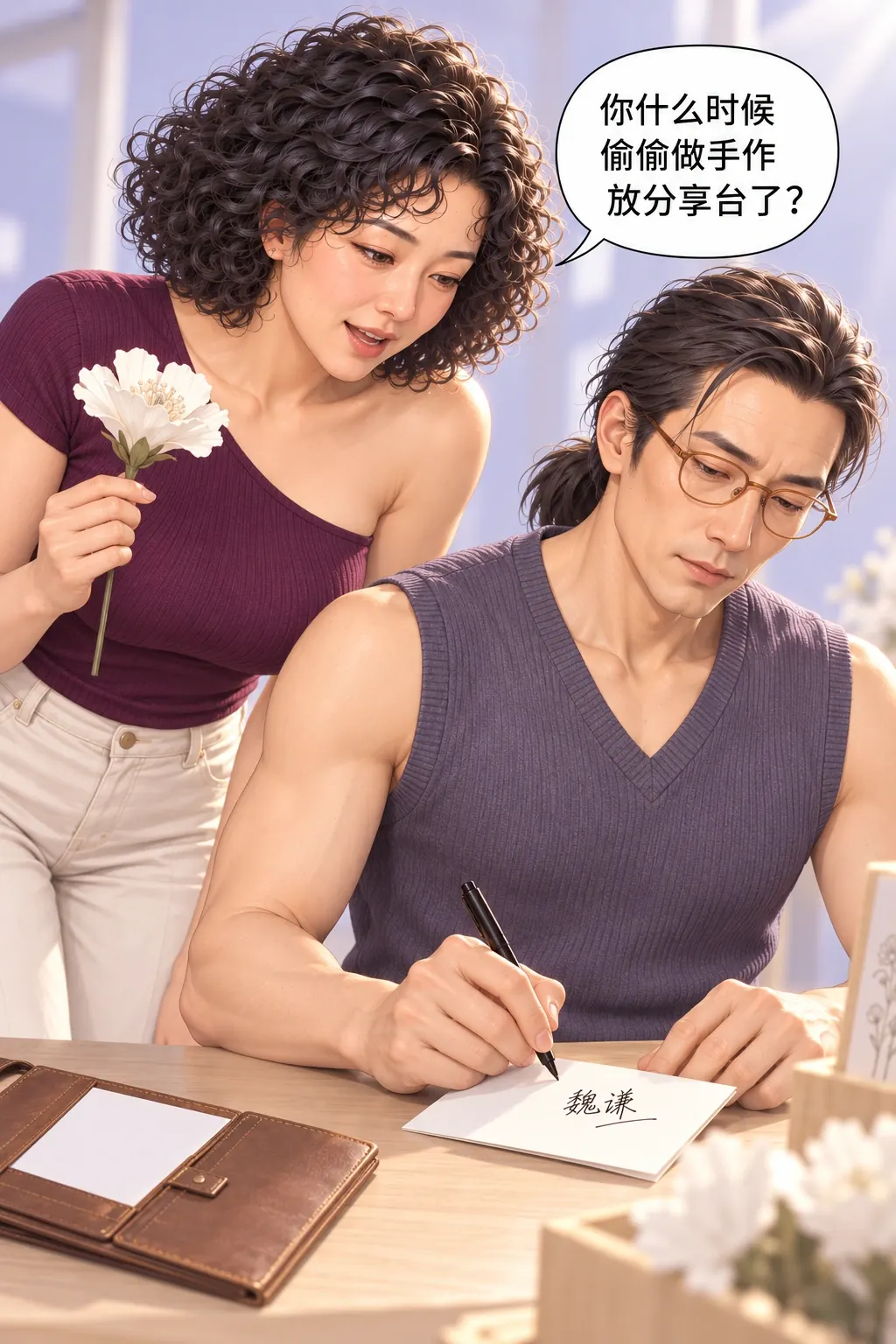先把名字写上漫画画面：女看见作者署名而产生真实好奇