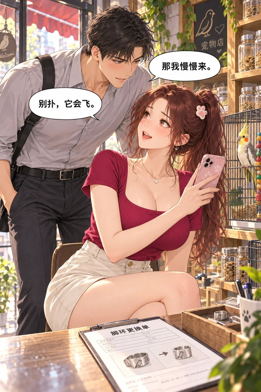 别扑，它会飞漫画画面：《别扑，它会飞》：开头提醒换由她说出，确认她已负责善后，也以自然动作留下暧昧